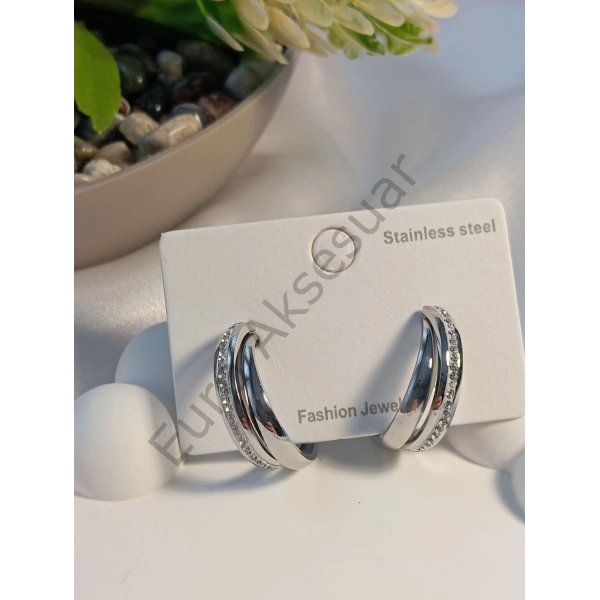 Silver Taş Detaylı Çelik Küpe