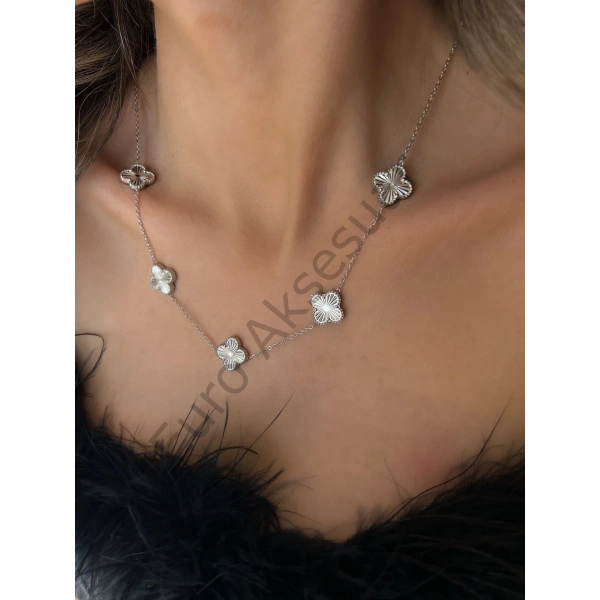 Silver Yonca Detaylı Çelik Kolye