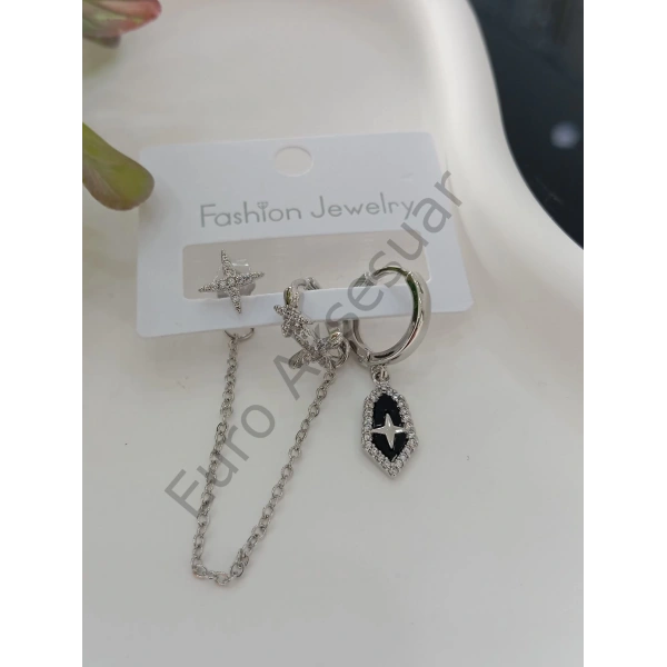 Silver Zincir Detaylı Vip Üçlü Küpe