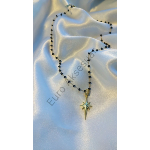 Siyah Boncuklu Kutup Yıldızı Detaylı Çelik Kolye
