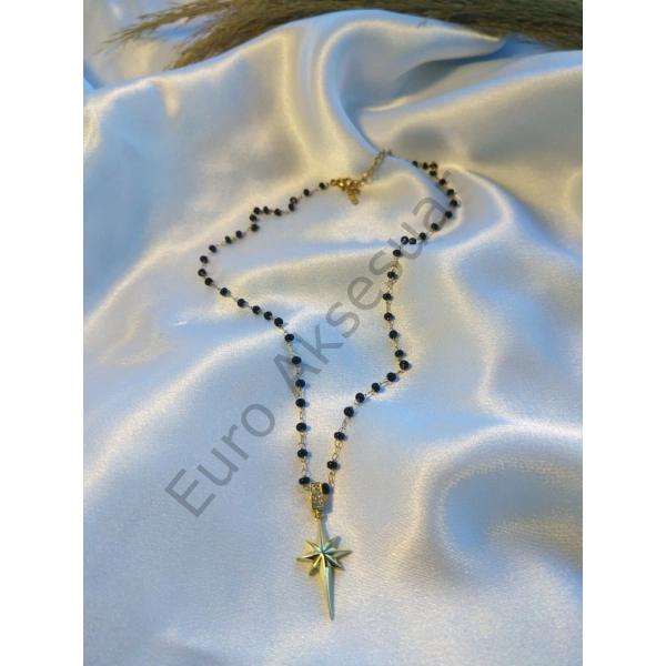 Siyah Boncuklu Kutup Yıldızı Detaylı Çelik Kolye
