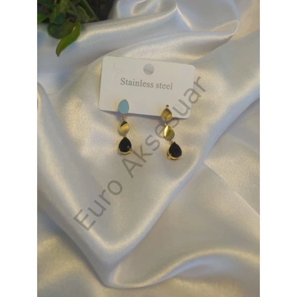 Siyah Taşlı Çelik Küpe