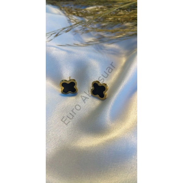 Siyah Yonca Detaylı Çelik Küpe