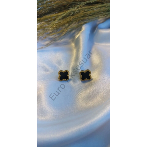 Siyah Yonca Detaylı Çelik Küpe