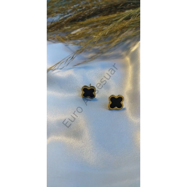 Siyah Yonca Detaylı Çelik Küpe