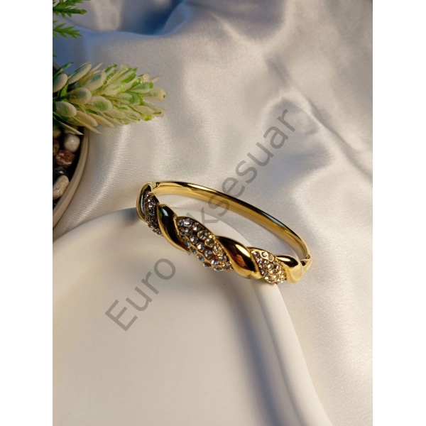 Taş Detaylı Desenli Çelik Kelepçe Bileklik