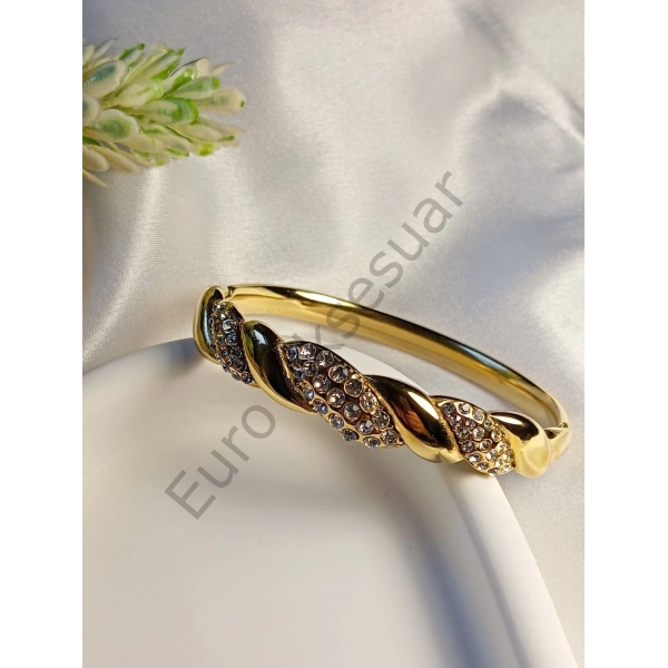 Taş Detaylı Desenli Çelik Kelepçe Bileklik