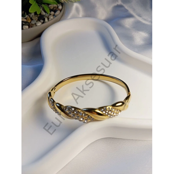 Taş Detaylı Desenli Çelik Kelepçe Bileklik