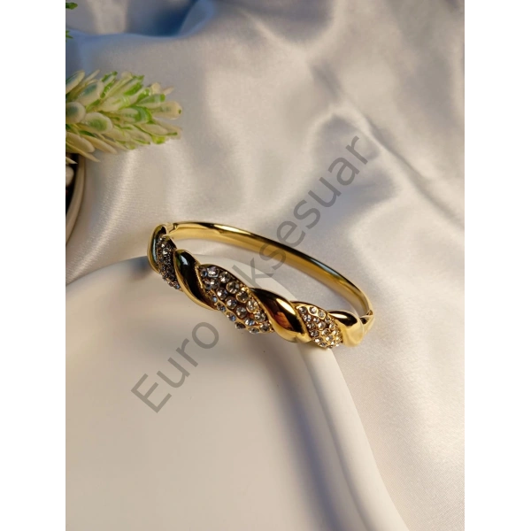 Taş Detaylı Desenli Çelik Kelepçe Bileklik