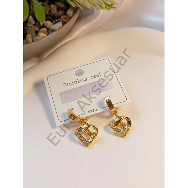 Taşlı Kalp Detaylı Çelik Küpe