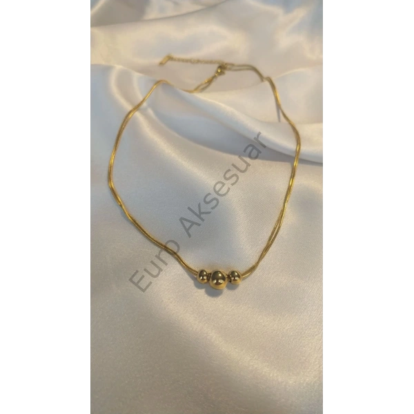 Top Detaylı Çift Zincirli Gold Çelik Kolye