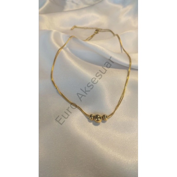 Top Detaylı Çift Zincirli Gold Çelik Kolye