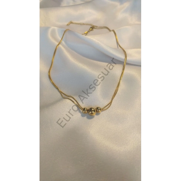 Top Detaylı Çift Zincirli Gold Çelik Kolye