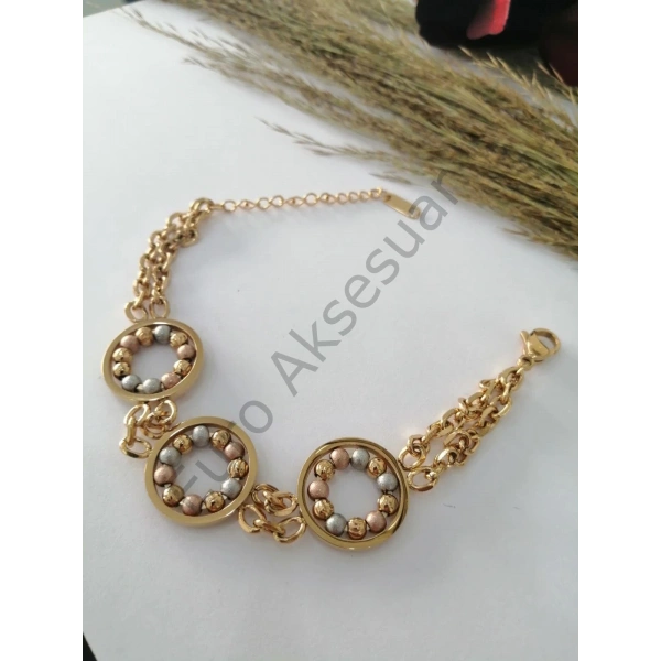 Üç Renk Dorikalı Halka Detaylı Çelik Bileklik