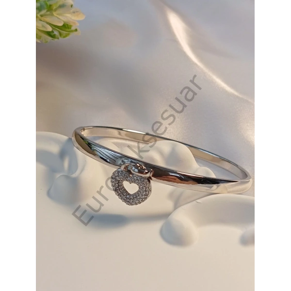 Vip Silver Kalp Detaylı Kelepçe Bileklik