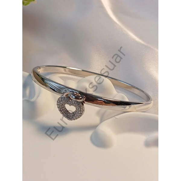 Vip Silver Kalp Detaylı Kelepçe Bileklik