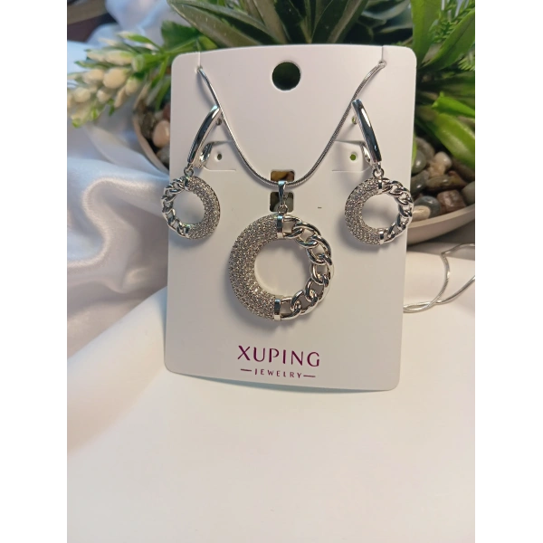 Xuping Jewelry Silver Zirkon Taşlı Halka Detaylı Kolye Küpe Seti