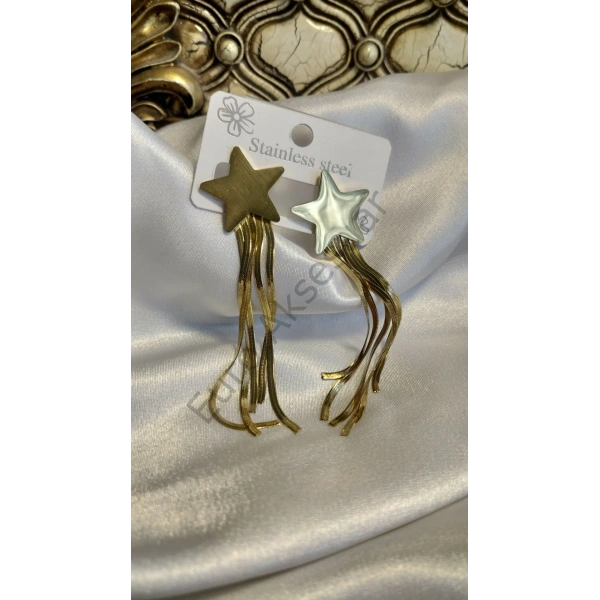 Yıldız Detaylı Zincirli Çelik Küpe