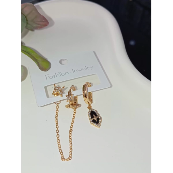 Zincir Detaylı Rose Üçlü Küpe Seti