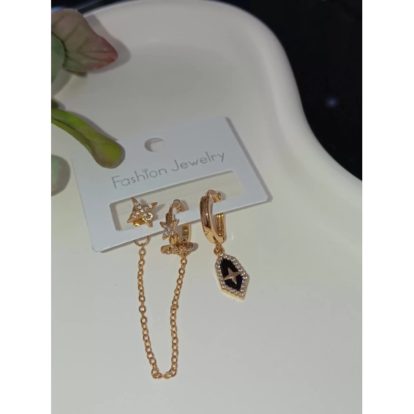 Zincir Detaylı Rose Üçlü Küpe Seti