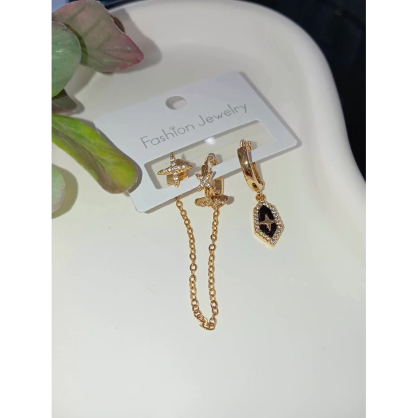 Zincir Detaylı Rose Üçlü Küpe Seti