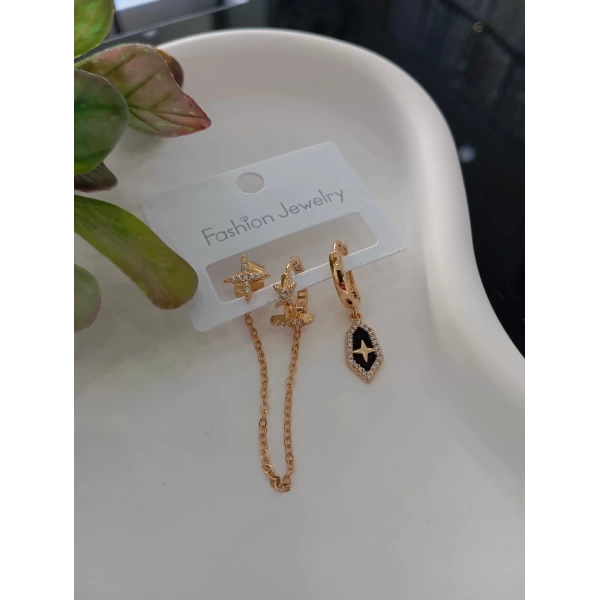 Zincir Detaylı Rose Üçlü Küpe Seti