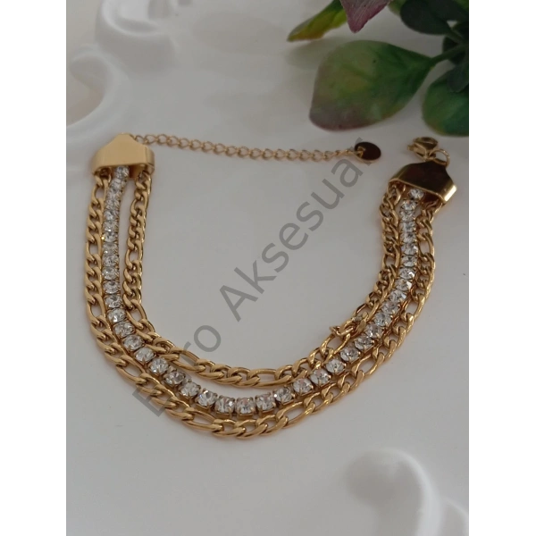 Zirkon Taş Detaylı Zincir Detaylı Çelik Bileklik