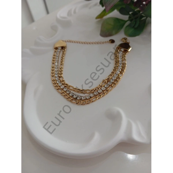 Zirkon Taş Detaylı Zincir Detaylı Çelik Bileklik