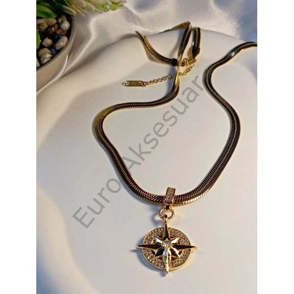 Zirkon Taşlı Kutup Yıldızı Figürlü Çelik Kolye