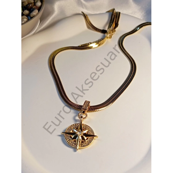 Zirkon Taşlı Kutup Yıldızı Figürlü Çelik Kolye