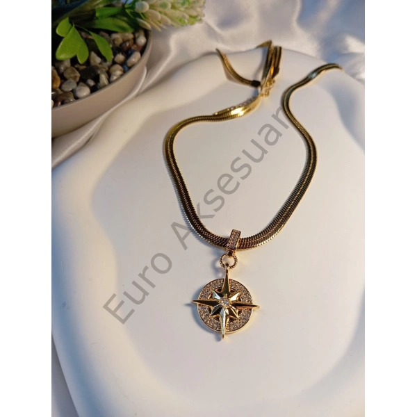 Zirkon Taşlı Kutup Yıldızı Figürlü Çelik Kolye