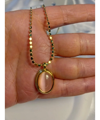 14 K Kaplama 60 cm Ezme Zincir Detaylı Pembe Taşlı Çelik Kolye