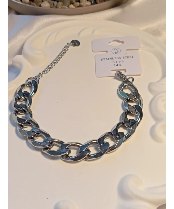 Silver Renk Çelik Kalın Zincir Detaylı Bileklik