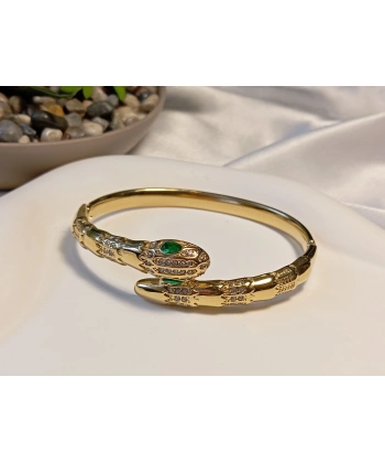 Yeşil Gözlü Yılan Detaylı Zirkon Taşlı Çelik Kelepçe