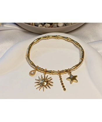 14 K Kaplama Güneş ve Yıldız Charm Detaylı Kelepçe