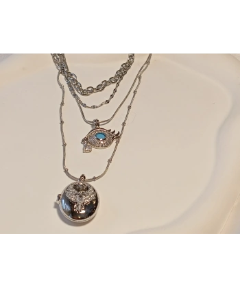 Çelik Katmanlı Zincir Detaylı Zirkon Taşlı Göz ve Oval Madalyon Kombin Kolye