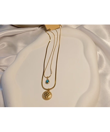 Antik Desenli Madalyon ve Turkuaz Taş Detaylı 316 L Çelik Kolye