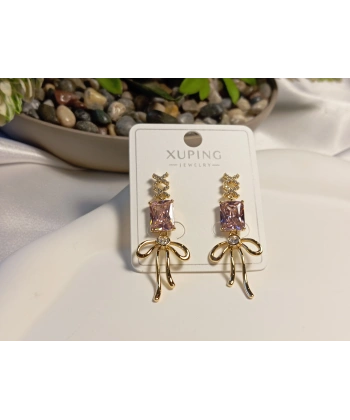 Pembe Zirkon Taş Detaylı Fiyonklu Xuping Küpe 3,5 cm