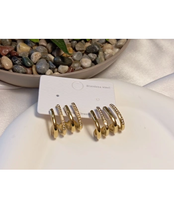 4 Sıralı Gold Çelik Küpe - Zirkon Taş Detaylı Kaburga Model