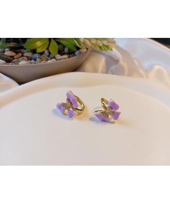 Xuping Gold Lüks Kaplama Mor Emaye Kelebek Halka Küpe - 1,5 cm (Zirkon Taşlı Detaylı)