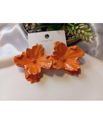 Turuncu Emaye İşlemeli Büyük Çiçek Tasarım Bijuteri Küpe (5,5 cm)