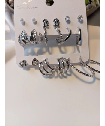 Euro Aksesuar 6 Çift Gümüş Renk Pirinç Çoklu Küpe Seti - Karışık Model Halkave Vidalı Piercing Uyumlu Set