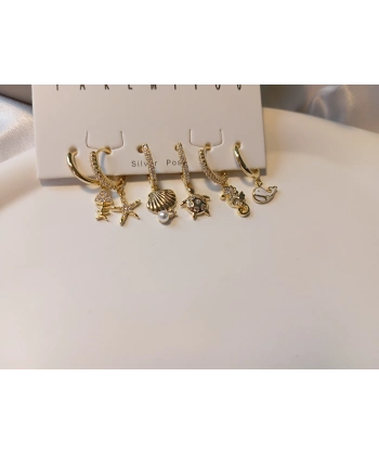 Euro Aksesuar 6lı Deniz Temalı Zirkon Taşlı Pirinç Küpe Seti - Altın Kaplama Çoklu Kıkırdak Küpe Paketi