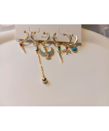 Euro Aksesuar 6lı Mistik Figürlü Zirkon Taşlı Pirinç Küpe Seti - Altın Kaplama Çoklu Kıkırdak ve Halka Küpe Paketi