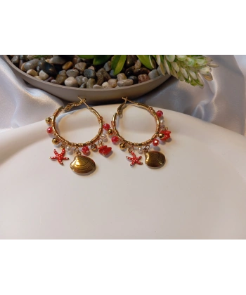 Euro Aksesuar 316L Antialerjik Çelik Marin Serisi - Kırmızı Deniz Yıldızı ve İstiridye Detaylı Halka Küpe