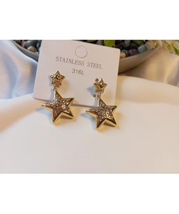 316L Paslanmaz Çelik Gold Renk Zirkon Taşlı Çift Yıldız Küpe