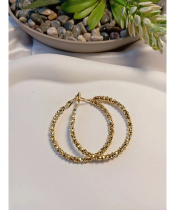 Euro Aksesuar Luxury Jewelry 14 Ayar Altın Kaplama Tırtıklı Dokulu Halka Küpe (4 cm)
