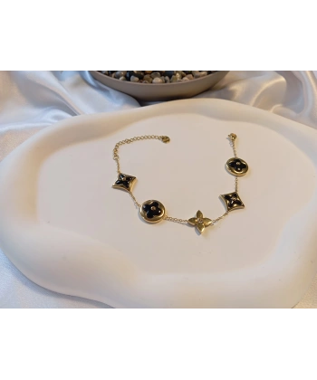 316L Çelik Ayarlanabilir Zincir Bileklik, 17-22 cm, Kadın Aksesuar, Gold Kaplama, Siyah Yonca Model