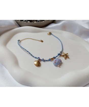 Euro Aksesuar Mavi Örgü İp Çelik Halhal - Deniz Yıldızı, İstiridye ve Balık Figürlü