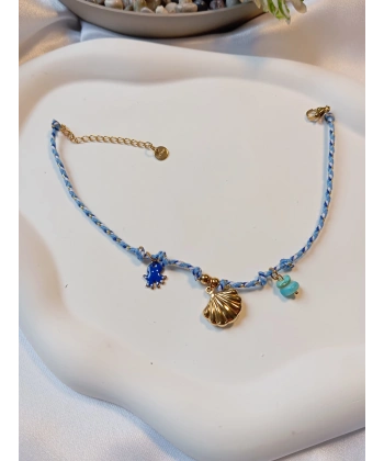 Euro Aksesuar Marin Serisi Altın Kaplama İstiridye ve Ahtapot Figürlü Mavi Örgü Halhal